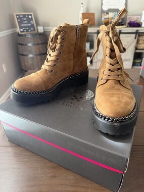 Vince Camuto Tan Suede Lace-Up Chain-Trim Combat Boots